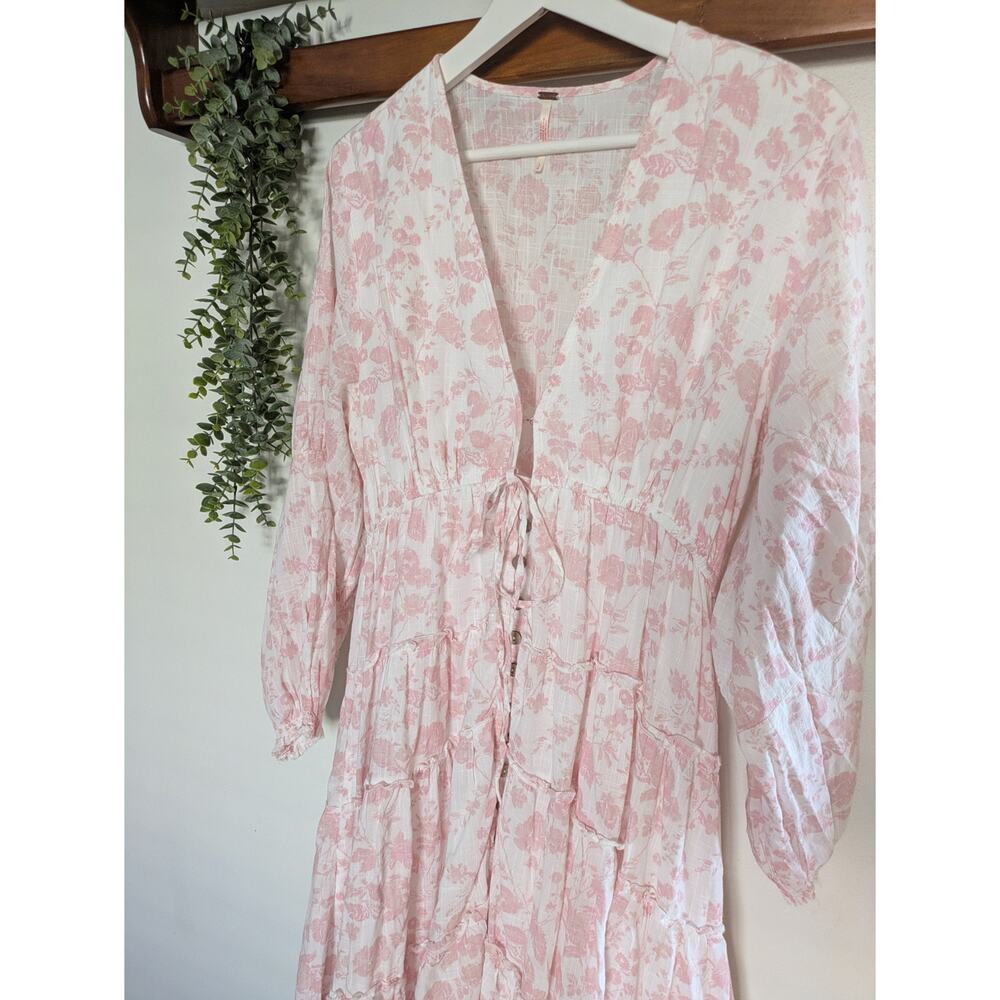 Free People Pappiet Midi Pink White Floral Boho VNeck Tiered Long Sleeve Dress - Picture 9 of 9